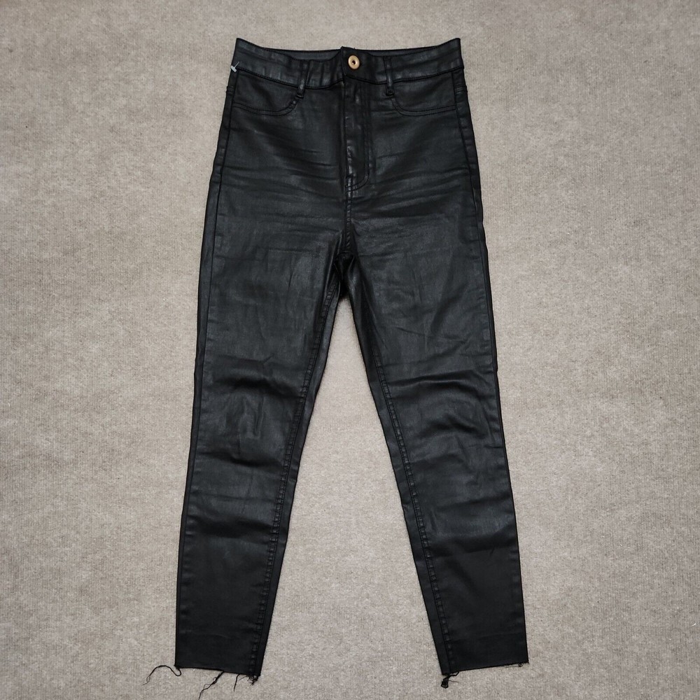 Zara Woman Slim Fit Coated Cropped Pants Size 6 Black Skinny Raw Hem High Rise - Picture 2 of 7